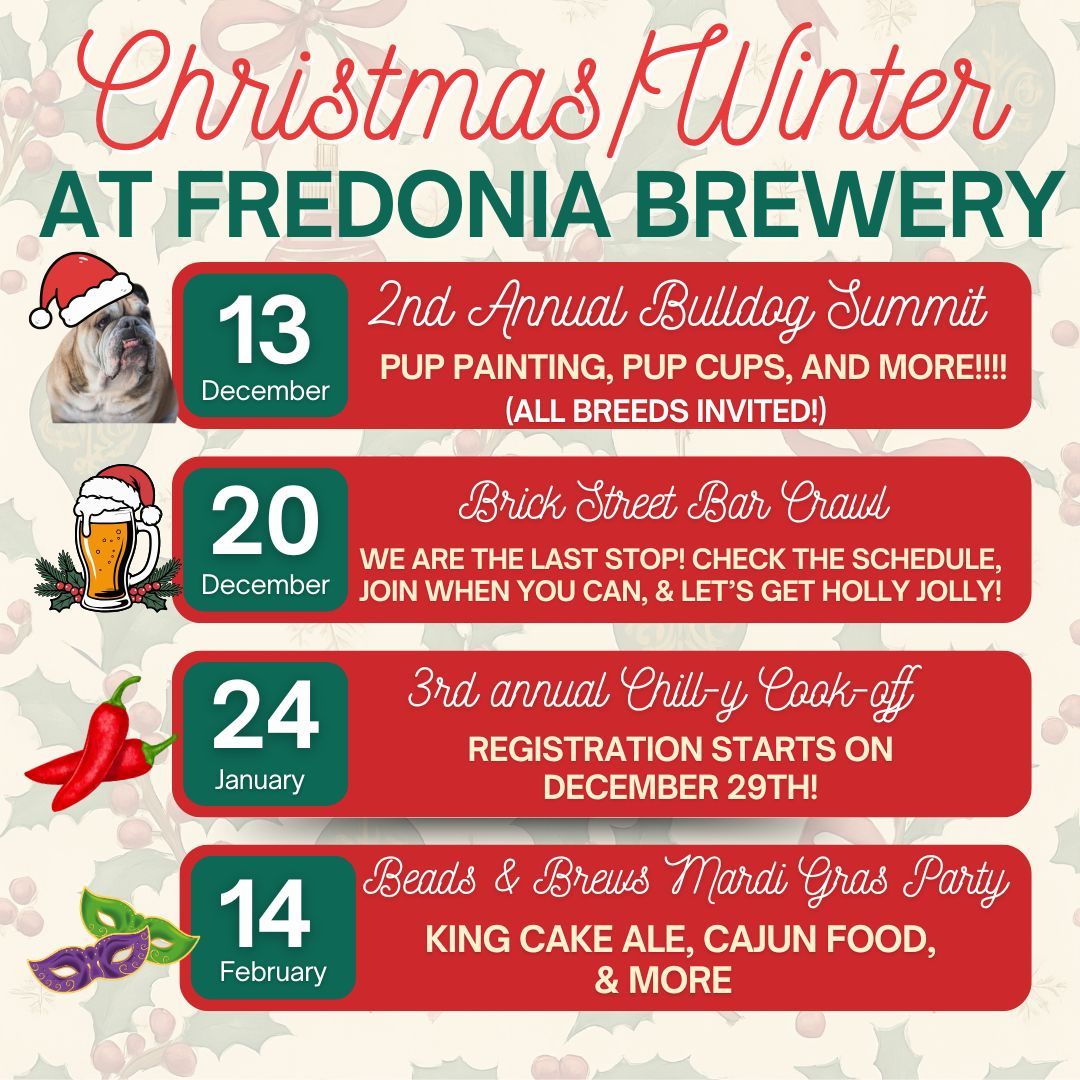 Winter at the brewery hits different. ❄️✨
From holiday parties and taproom concerts to new beer releases and chilly-weather hangouts, we’ve got a full season of events rolling your way.

Grab a coat, grab a friend, grab a pint —
Your winter at Fredonia starts now. 🍺🔥
