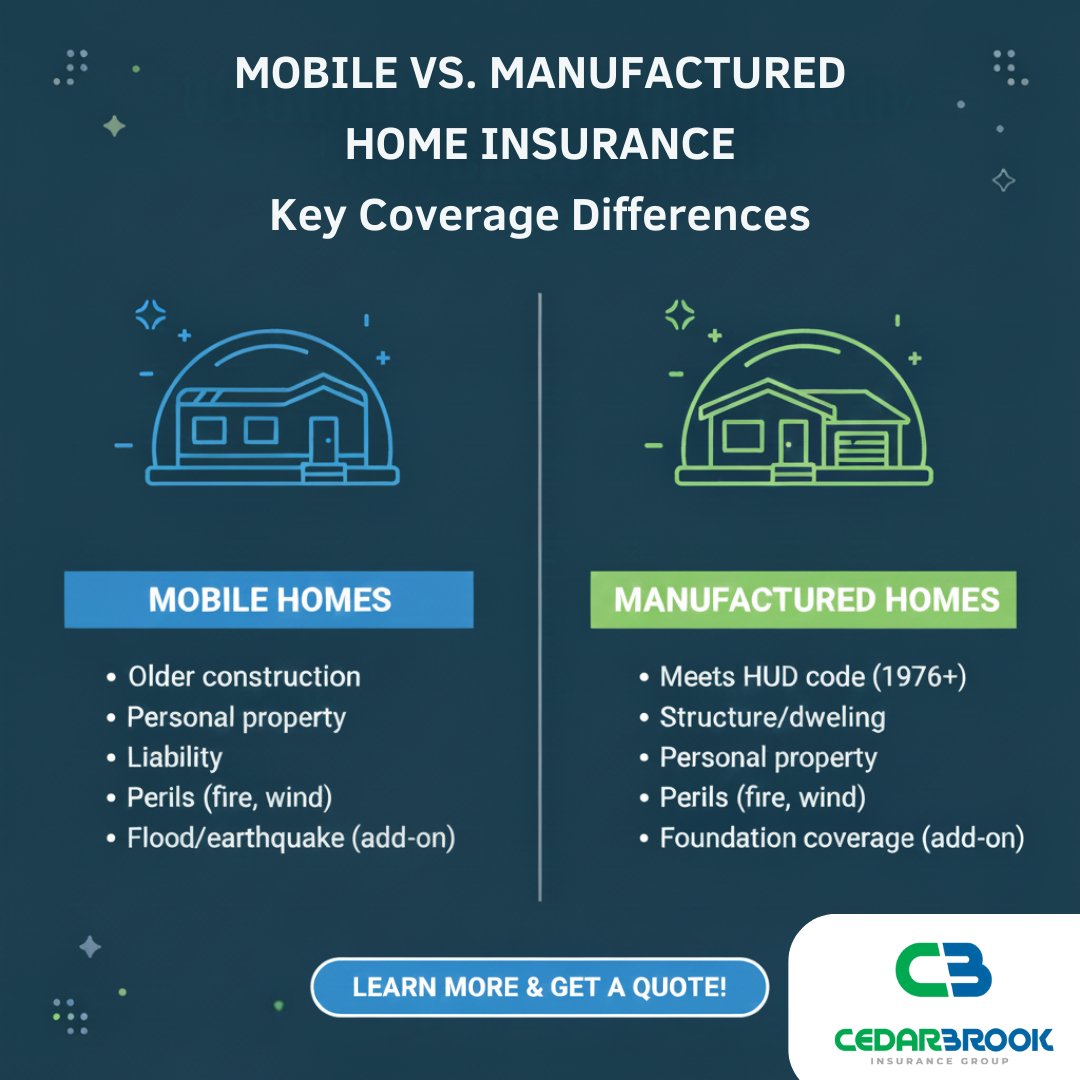 CedarBrookInsur's tweet image. Not all home insurance is the same 🛑🏠
Mobile &amp;amp; Manufactured homes need different coverage.

Not sure which one you have? 
We’ll help you get the right protection. 

Learn more &amp;amp; a quote: cedarbrookinsurance.com/personal-insur…

  #Cedarbrook #ManufacturedHome #MobileHomeInsurance