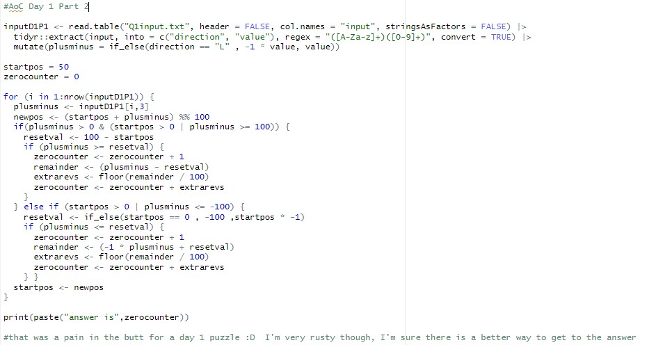 implausible17's tweet image. I&apos;m late to starting #AdventOfCode this year as I&apos;ve been a bit busy - so I&apos;ve only just found out that we only have 12 puzzles for 2025.  Sob.  

Probably just as well as I am rusty as a rusty thing, and made a bit of a pig&apos;s ear of part 2 of this one!!

#RStats #AoCDay1