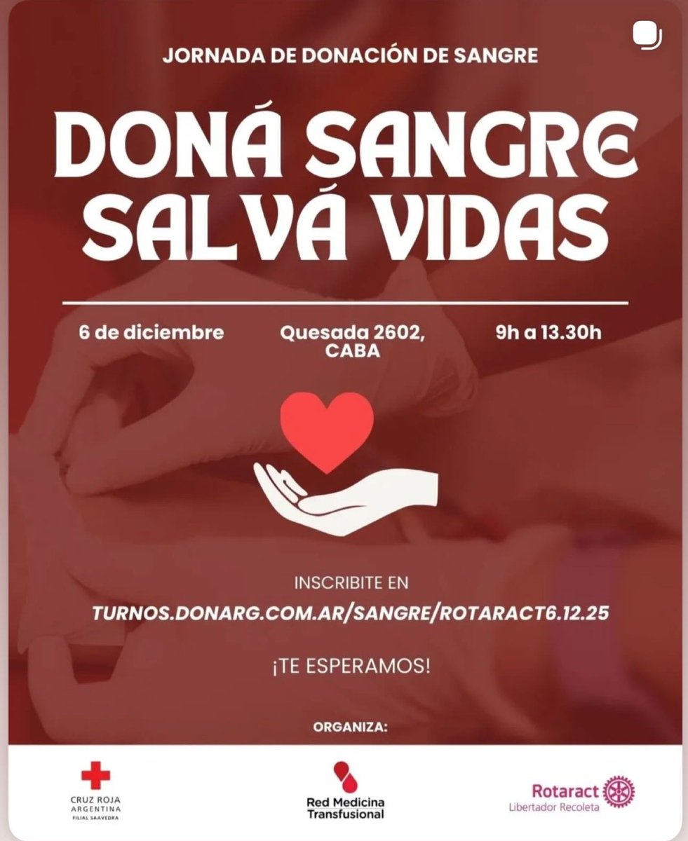CruzRojaFS's tweet photo. ¡Doná sangre, salvá vidas! 🩸
Te esperamos en nuestra Jornada de Salud.

🗓️6/12
📍Quesada 2602, CABA
⏰De 9 a 13:30 h

Ciclo de charlas gratuitas sobre: Nutrición, VIH, Salud Mental y Polio
Horarios de las charlas:
 Reservá tu turno para donar:
https://t.co/93D0xtPO0k https://t.co/dmb5KE4syE