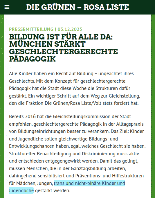 Der Münchner Stadtrat hat heute ein „Konzept für geschlechtergerechte Pädagogik für junge Menschen im Schulalter in Kindertageseinrichtungen“ verabschiedet: Trans-Propaganda von der Kita an, Abschaffung geschlechtergetrennter Toiletten, Sprachverhunzung, usw. 🙄  🧵👇