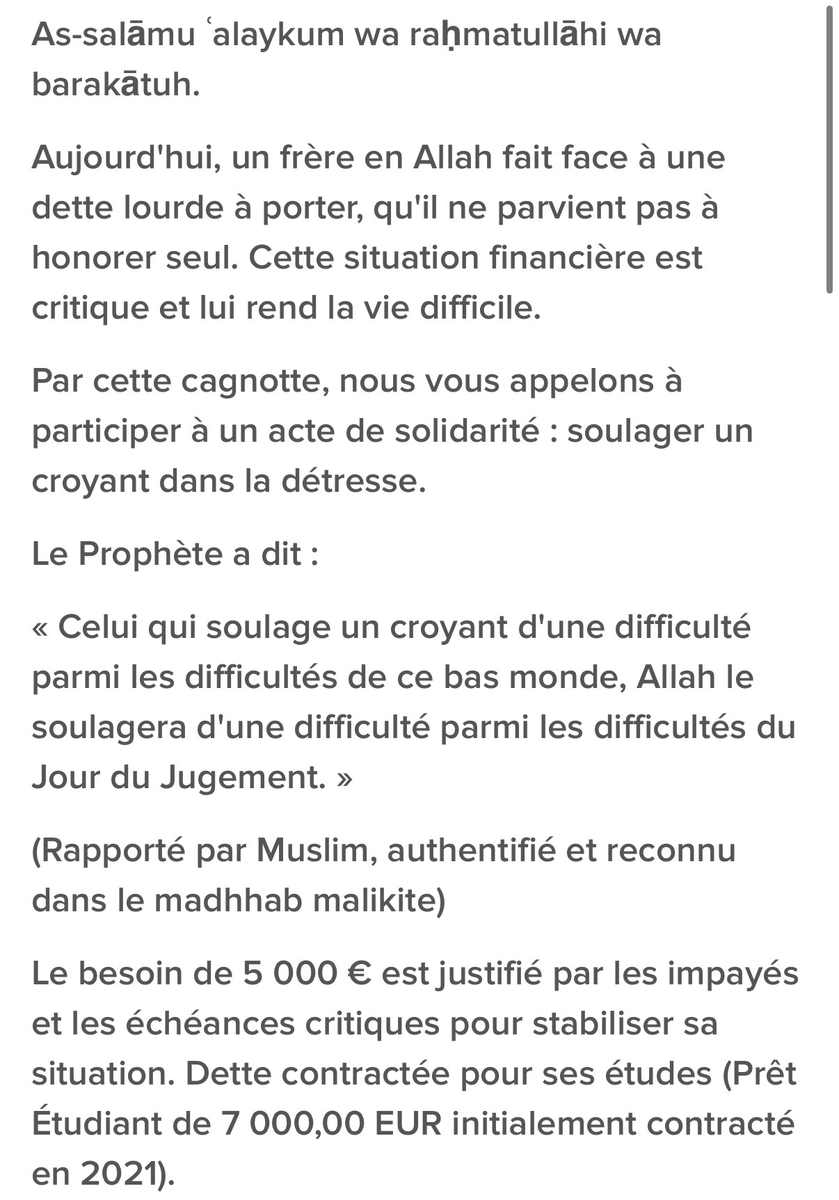 Elies13700's tweet image. URGENT - Un jeune frère dans l&apos;urgence a besoin nous ! 🚨

Il fait face à une situation de dette critique qui menace son avenir.
Le Prophète ﷺ a dit : « Celui qui soulage un croyant d&apos;une détresse dans ce monde, Allah le soulagera d&apos;une détresse le Jour de la Résurrection. »

Le…