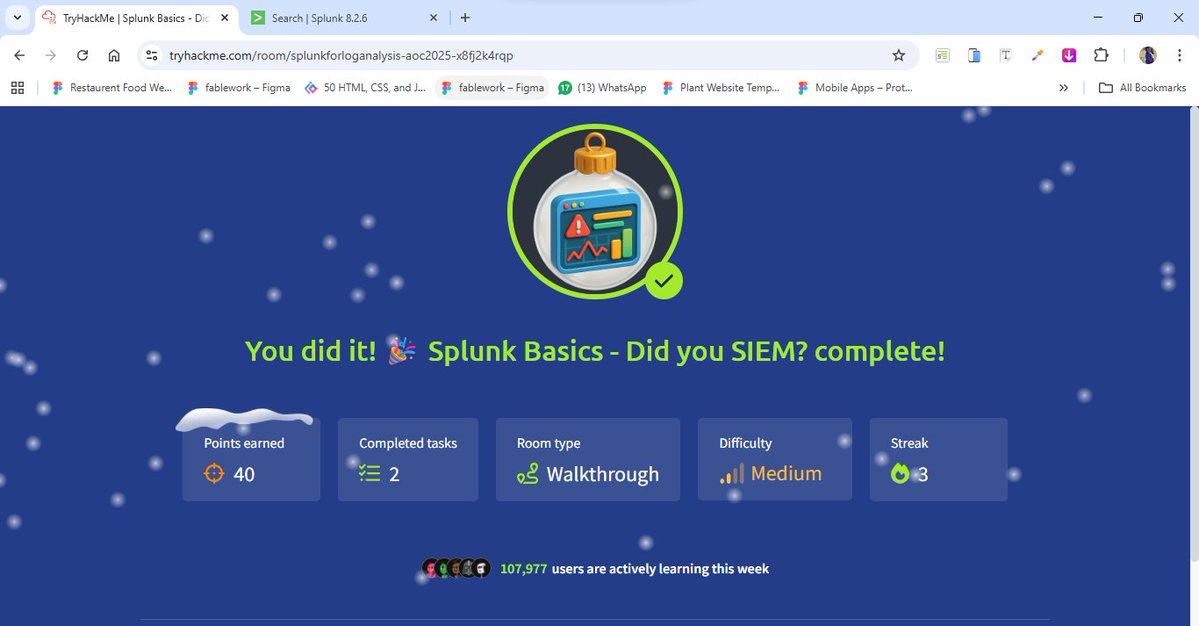 APanth3r's tweet image. Completing Day 3 of Advent of Cyber Challenge.
Learning Splunk Basics. @OSCGuild @Stellaops_net @tryhackme 
#adventofcyber2025 #CyberSecurity