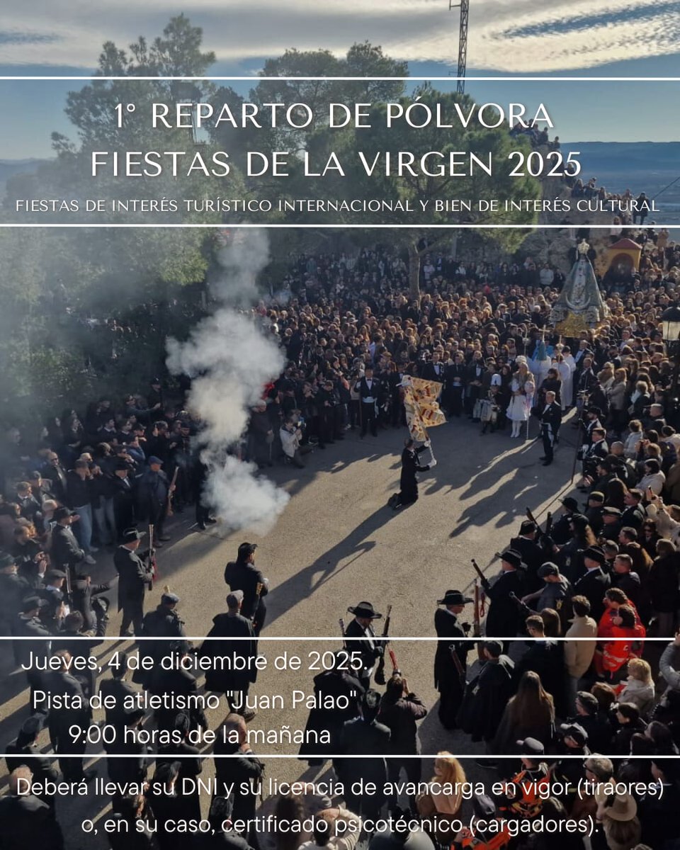 Mañana jueves 4 de diciembre, se llevará a cabo el primer reparto de pólvora para estas fiestas patronales. 
Este se realizará a las 𝟗:𝟎𝟎 𝐡𝐨𝐫𝐚𝐬 𝐞𝐧 𝐥𝐚𝐬 𝐩𝐢𝐬𝐭𝐚𝐬 𝐩𝐨𝐥𝐢𝐝𝐞𝐩𝐨𝐫𝐭𝐢𝐯𝐚𝐬 ❞𝐉𝐮𝐚𝐧 𝐏𝐚𝐥𝐚𝐨❞. 
<a href="/FiestasVirgen/">Fiestas de la Virgen</a>