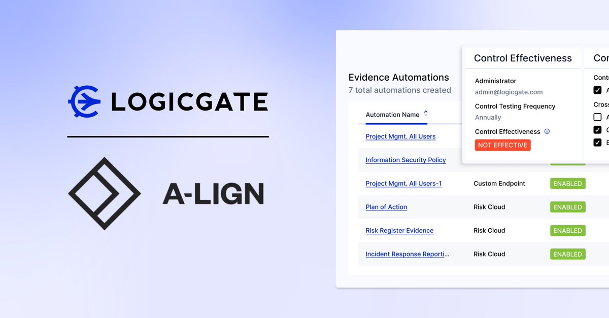 LogicGate's tweet image. Say goodbye to #audit chaos. 👋

We&apos;ve teamed up with @AlignCompliance to bring auditor-vetted requirements and #AI-driven efficiencies into our Controls #Compliance Application—giving teams a simpler, smarter way to stay #AuditReady.

Learn more: logicgate.com/news/logicgate…