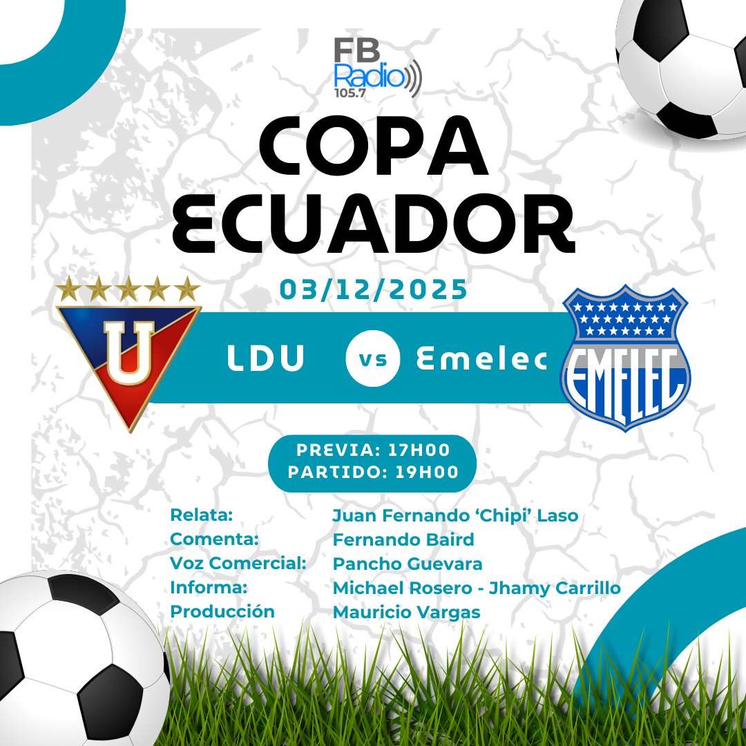 La #CopaEcuador se vive junto a  #FBDeportes.

Relata <a href="/chipilaso93/">Juan Fernando Laso</a> 
Comenta #FernandoBaird
Voz comercial <a href="/panchoguevarae/">Francisco Guevara Erazo</a> 
Informa <a href="/michaelroseroX/">Michael Rosero</a>  <a href="/JhamyCarrillo99/">Jhamy Carrillo</a> 
Producción <a href="/cocosaez/">Mauricio Vargas Sáez</a> 

Sintoniza #FBRadio 105.7 #FM o descárganos aquí: Android: bit.ly/FBRadioapp Apple: