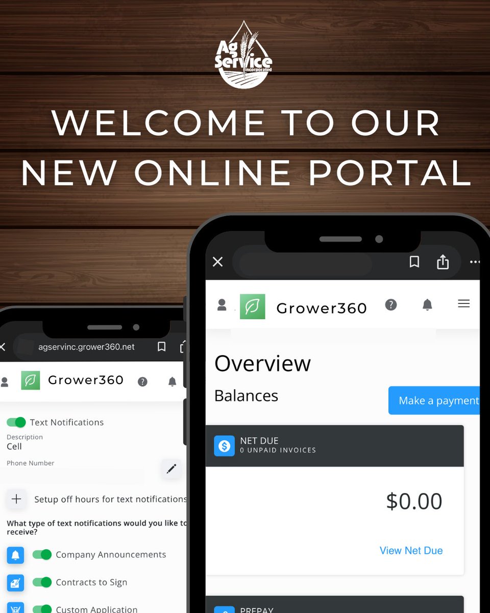 AgServiceInc2's tweet image. 🚀 Big News! 🚀 We have launched the Ag Service Online Portal!

Anytime, Anywhere. Manage your account at your fingertips.
- Make payments, view invoices, generate reports, blend ticket overview &amp;amp; so much more!

📲Click the link below to signup!
agservinc.com/grower-360-sig…