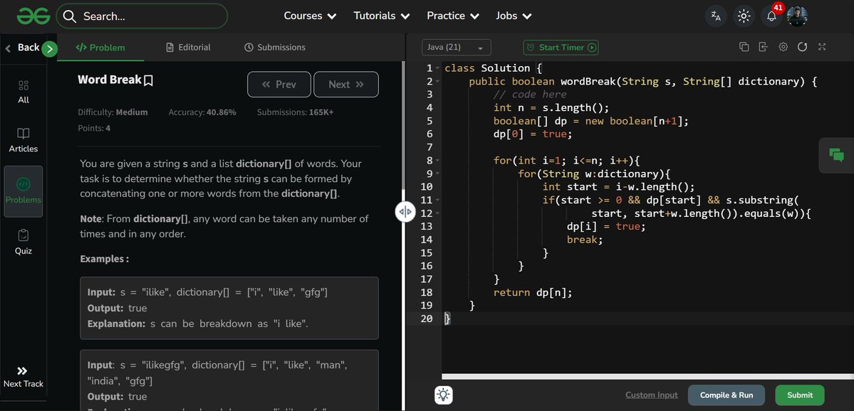 amanhaidry's tweet image. 🗓️Day-133/365 | #365DaysOfCode 💻| @geeksforgeeks

#DynamicProgramming in #DSA
✅Problem: Word Break
→ Approach: DP

#nationskillup #365DaysOfDSA #geeksforgeeks #gfg #365DaysOfcoding #java #DataStructuresAndAlgorithms