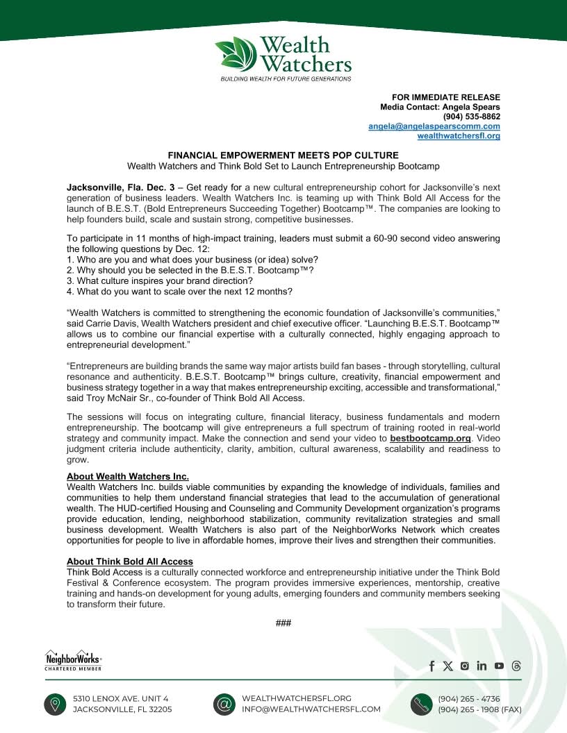 WealthWatchers's tweet image. New cultural entrepreneurship cohort 4 biz leaders. Teaming up w/ #ThinkBold - launch of B.E.S.T. Bootcamp™.  Sessions integrating culture, financial lit., biz fundamentals &amp;amp; modern entrepreneurship. Read news release 4  more. #WealthWatchers #BuildingWealthForFutureGenerations