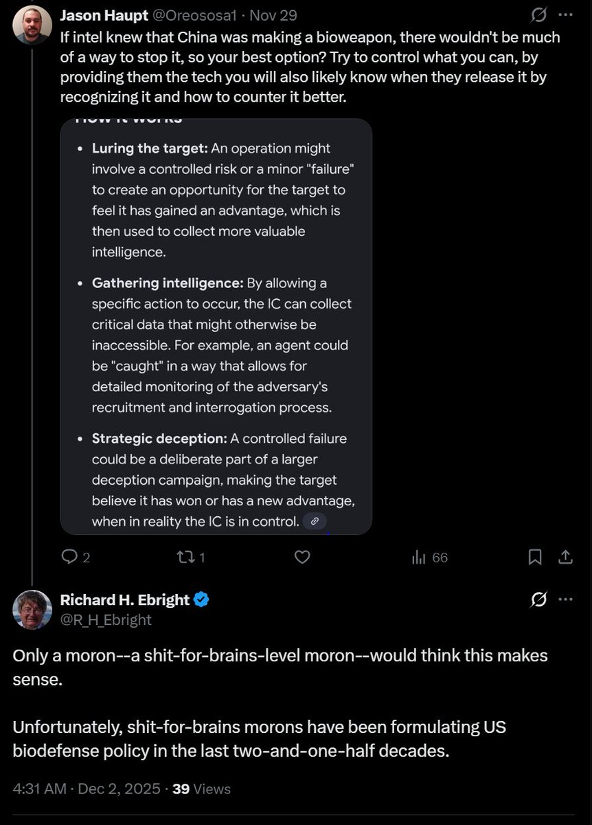 😅 The only meaningful 'biodefense' is improved public health infrastructure, messaging, etc. 

Anything else (snooping on adversarial countries via collaborations, tit-for-tat crazy research, etc) is just a dangerous &amp; moronic grift.