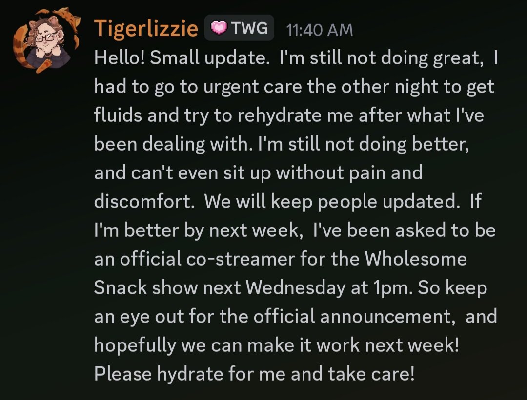 A Lizzie update,  still in the journey but something to hopefully look forward to if I can get better.  Fingers crossed for Wholesome Snacks,  we had a blast co-streaming the Wholesomec Direct a few months ago.  Drink some water,  and enjoy some food for me please! Stay cozy!