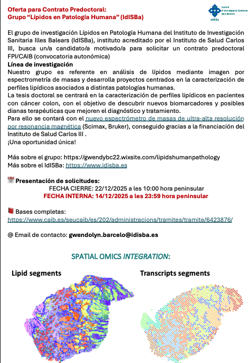 Lipids_IdISBa's tweet photo. 🧐Buscamos candidato/a motivado/a para solicitar un contrato predoct FPI/CAIB
🤓Mediante Técnicas de Spatial Omics analizamos muestras de pacientes con cáncer
👩‍🔬🧑‍🔬Ahora @idisbaib cuenta con un nuevo espectrómetro de masas de ultra-alta resolución (Scimax, Bruker)
DM para + info https://t.co/IGye2BB2UF