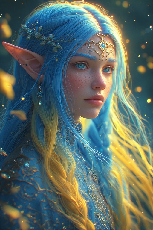 Blue and yellow elf, made in AI.