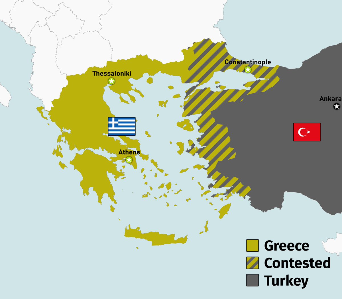 🚨 Consequences of Turkish violations places the legal status of Asia Minor in Question.

🟨🇬🇷 Greece 
🟨⬛️ Contested 
⬛️🇹🇷 Turkey 

⚠️ Turkey has violated Treaty of Lausanne which prohibits Turkish flights over anywhere near the islands or the coast of Asia Minor.