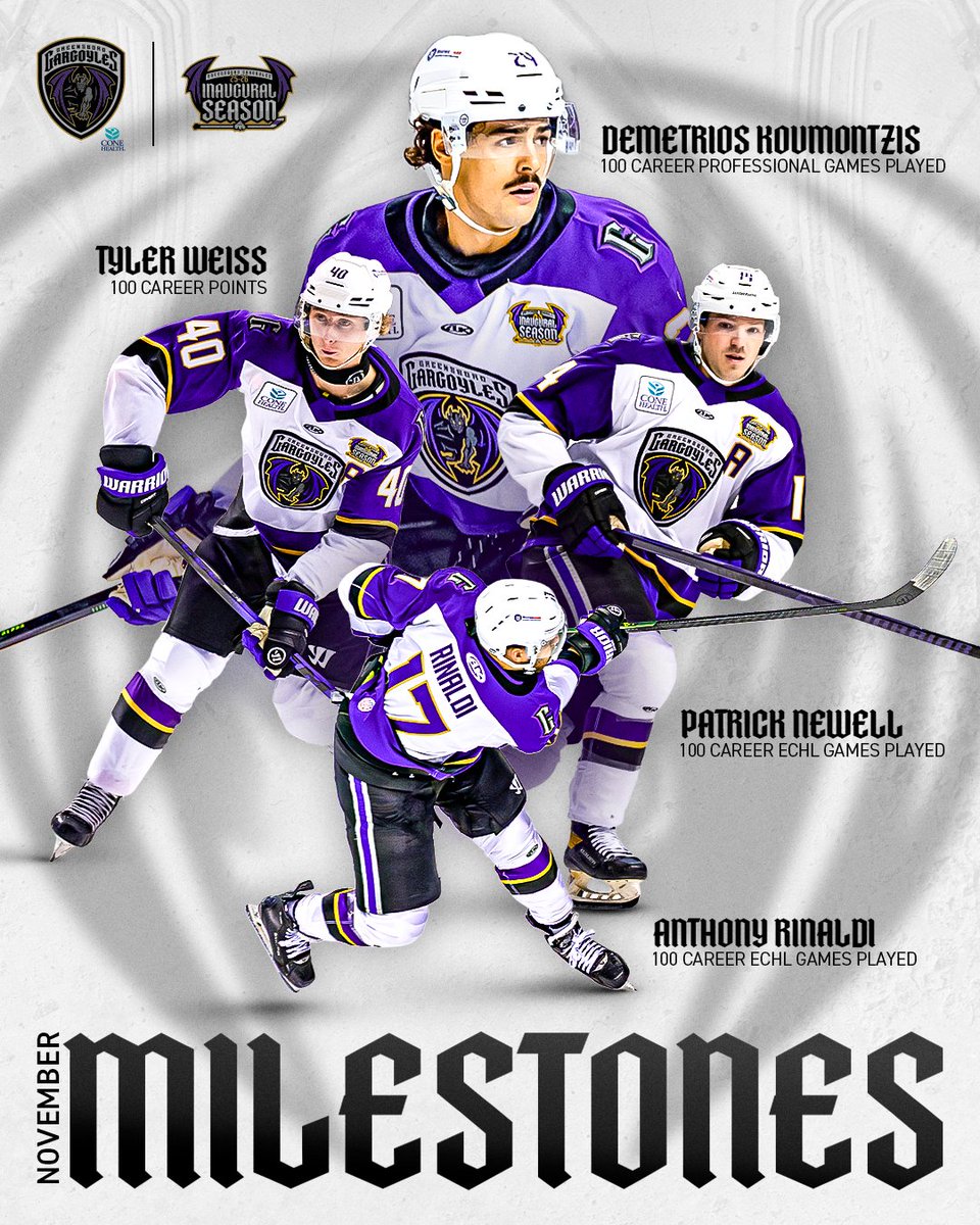 GSOGargoyles's tweet image. We'd like to recognize some career milestones our guys hit in November! Congratulations to Tyler Weiss on 100 career points, Demetrios Koumontzis on 100 career professional games played, and Patrick Newell &amp;amp; Anthony Rinaldi on 100 career ECHL games played.