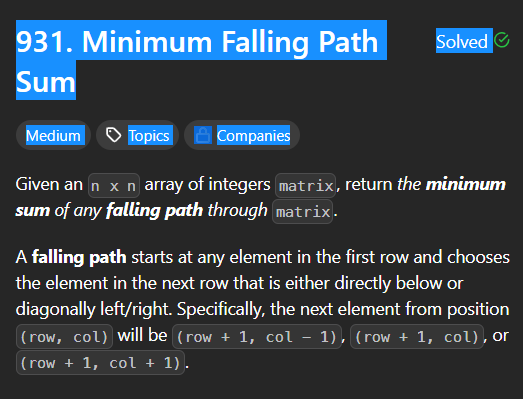 Singhjee07's tweet image. Solved the Minimum Falling Path Sum problem using optimized Dynamic Programming today!
Small win, but each DP problem sharpens logic, pattern recognition, and problem-solving confidence.
#Java #DynamicProgramming #Coding