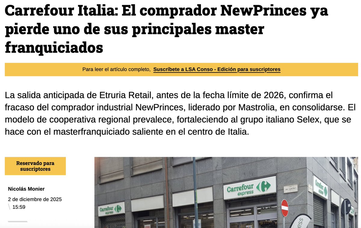 🚨 Sobre la noticia de que NewPrinces $NWL pierde uno de sus principales franquiciados hoy, aclarar los siguiente: 

1⃣ El franquiciado Etruria operaba con un contrato de master franchising (menos control directo del grupo).

2⃣ La no renovación la solicitó NewPrinces, no es por