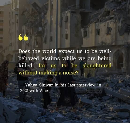MukeetTheMod_el's tweet image. Sinwar&apos;s profound words &quot;Does the World expect us to be WELL BEHAVED VICTIMS?&quot; is eerily reminiscent of Fidel Castro&apos;s statement regarding the American Oppressor:

&quot;You[🇺🇸] strangle us for 40 years and then criticise us for the way we breathe&quot;