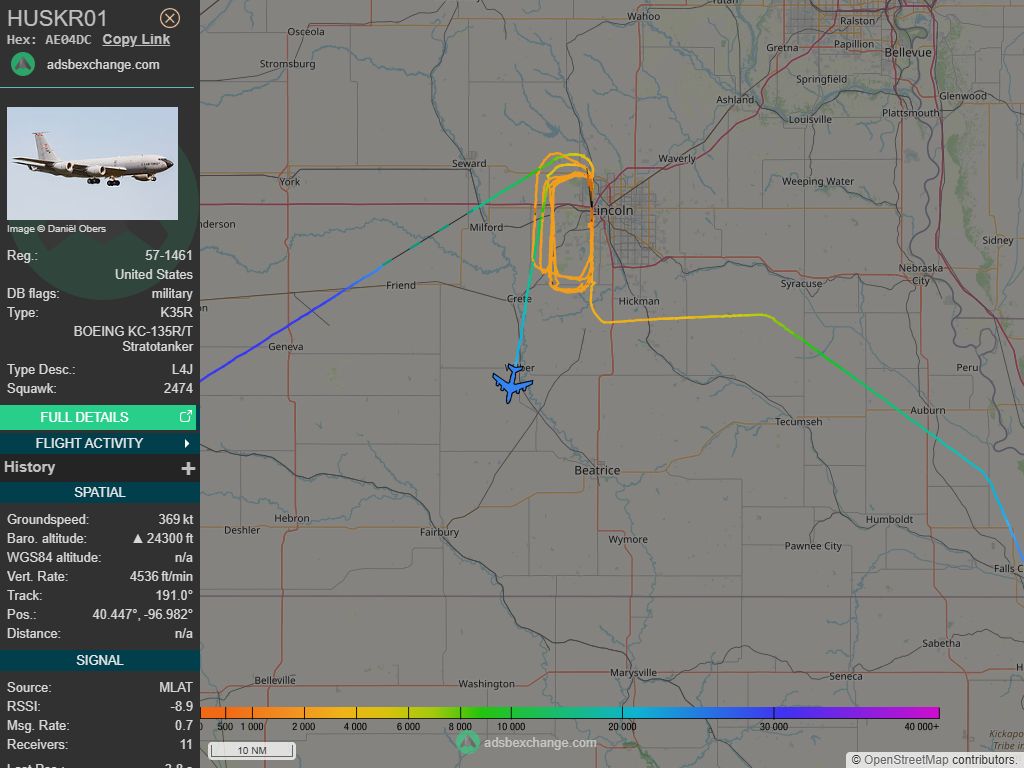 IntelskyB's tweet image. 🇺🇸 ✈️ United States Air Force - BOEING KC-135R/T Stratotanker (AE04DC, 57-1461) HUSKR01 was spotted over 🇺🇸 Saline County - United States.
🔴 Live tracking:
1-global.adsbexchange.com/?icao=AE04DC
2-flightradar24.com/AE04DC
3-airnavradar.com/mode-s/AE04DC
#OSINT #SIGINT #ADSB