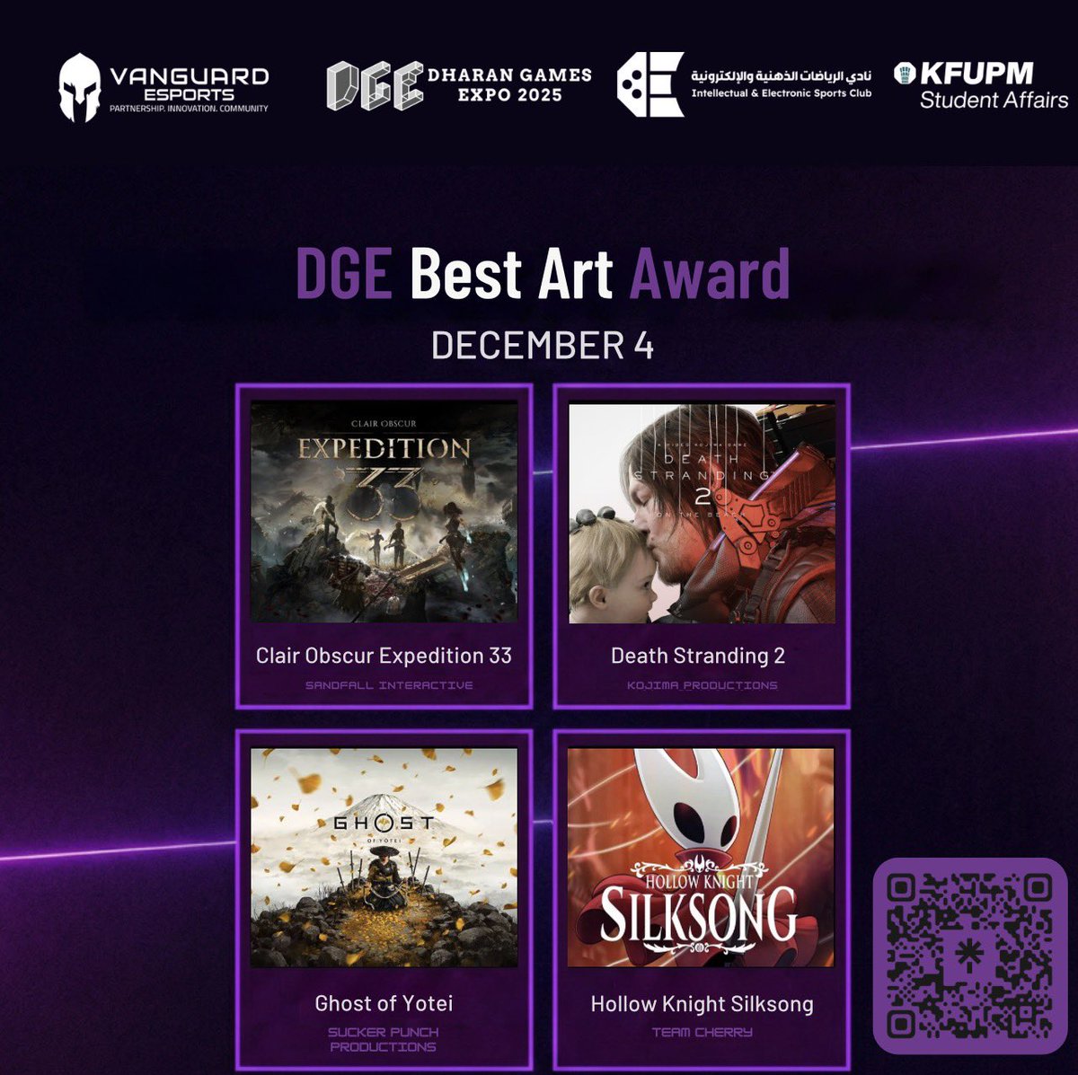 الفن مو مجرد رسومات…
الفن تجربة كاملة، وهالألعاب وصلت للقائمة المرشّحة لجائزة
DGE Best Art Award 🔥
والإعلان يوم 4 ديسمبر!

الألعاب المرشّحة:
🎻 Clair Obscur: Expedition 33
🧪 Death Stranding 2
🍁 Ghost of Yotei
🎭 Hollow Knight: Silksong

كل لعبة قدّمت عالم فني مذهل بطريقتها…
