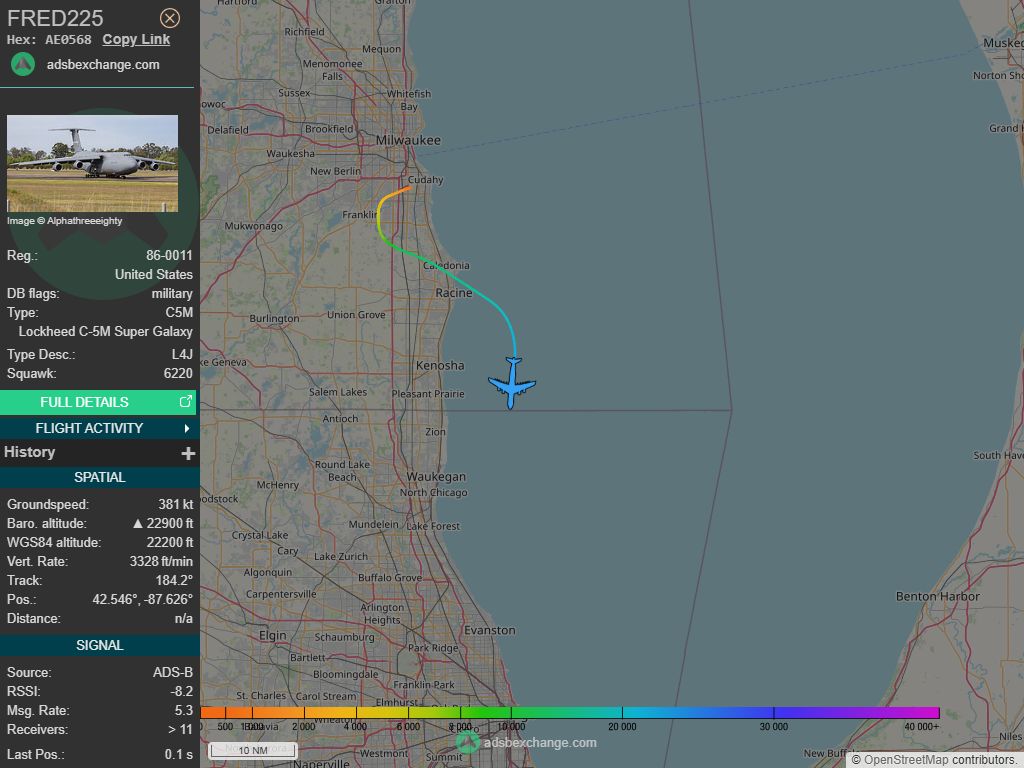 IntelskyB's tweet image. 🇺🇸 ✈️ United States Air Force - Lockheed C-5M Super Galaxy (AE0568, 86-0011) FRED225 was spotted over 🇺🇸 Kenosha - United States.
🔴 Live tracking:
1-global.adsbexchange.com/?icao=AE0568
2-flightradar24.com/AE0568
3-airnavradar.com/mode-s/AE0568
#OSINT #SIGINT #ADSB