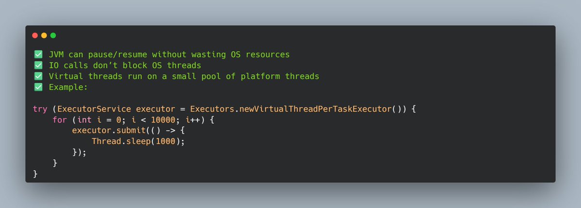 mario_casari's tweet image. Java tip : Starting from Java 19 you can explore a feature called &quot;virtual threads&quot;. 

✅ Virtual threads are lightweight threads managed by the JVM rather than the OS.
#Java #JavaDev