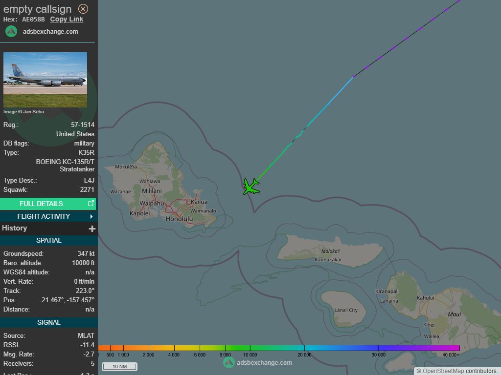 IntelskyB's tweet image. 🇺🇸 ✈️ United States Air Force - BOEING KC-135R/T Stratotanker (AE058B, 57-1514) callsign was spotted over North Pacific Ocean.
🔴 Live tracking:
1-global.adsbexchange.com/?icao=AE058B
2-flightradar24.com/AE058B
3-airnavradar.com/mode-s/AE058B
#OSINT #SIGINT #ADSB