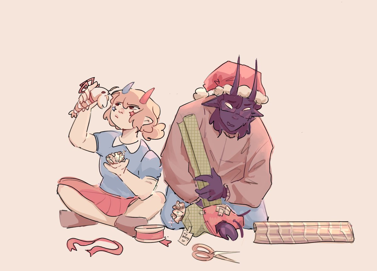 Sooo… how exactly does one wrap a lobster..? 

Day 2
Prompt: 🍎Family🎩

Pomme and Bad wrapping presents for Dapper ready for Halo family Christmas 🎁 

#muffincember #badboyhalofanart #dapperfanart #pommefanart #qsmp