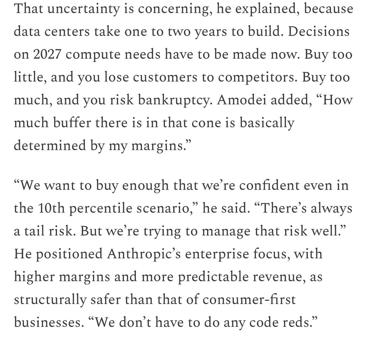 AndrewBenson's tweet image. Anthropic’s CEO Dario claiming they’ve only requisitioned enough capacity for their 10% probability case