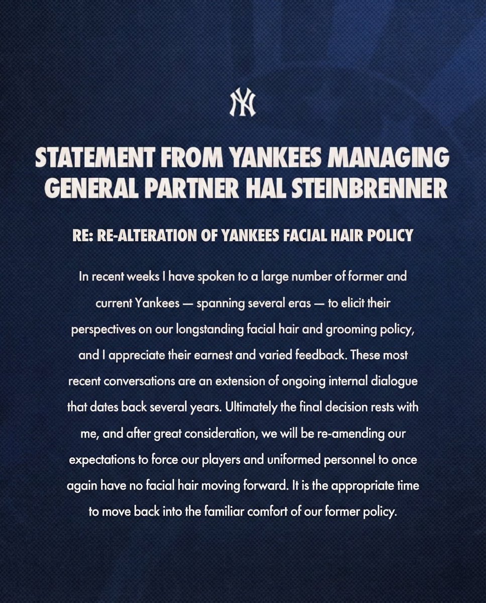 BREAKING: Now that Devin Williams is officially no longer a New York Yankee, the Yankees have changed their facial hair policy back. 

Yankee players once again can no longer have facial hair.