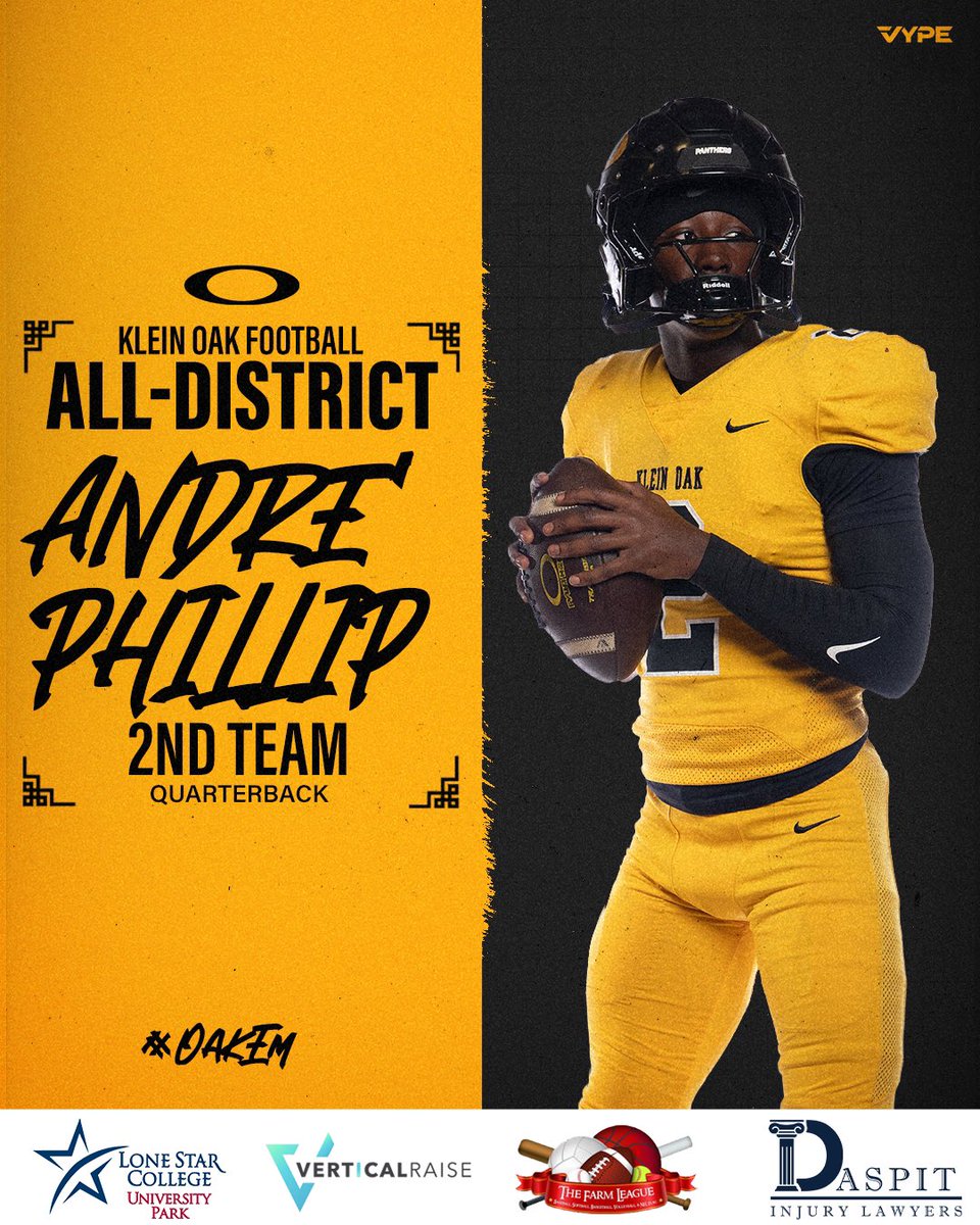 KLEINOAKFB's tweet image. AP⚡️

Congrats to @AndrePhillipll on receiving 2nd Team All-District honors!

#OakEm #thecOde