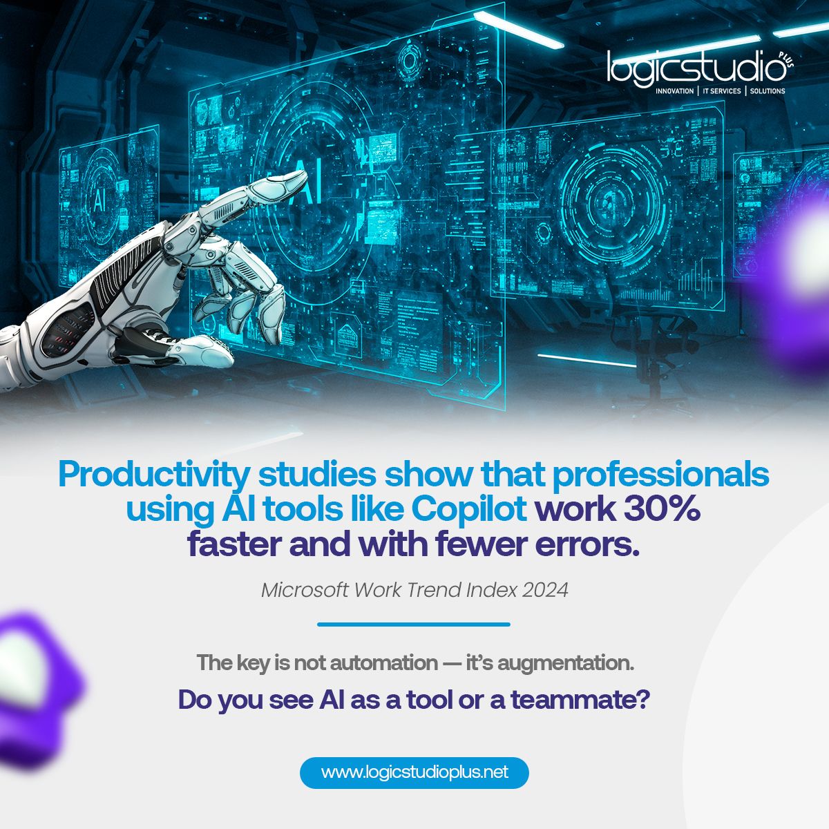 LogicStudioPlus's tweet image. The future isn’t about replacing jobs — it’s about augmenting talent.
Human creativity + AI acceleration = unbeatable performance.

💬 Do you see AI as a tool or a teammate?

LOGIC STUDIO| Education, innovation &amp;amp; technology with purpose.

#FutureOfWork #Augmentation #LogicStudio