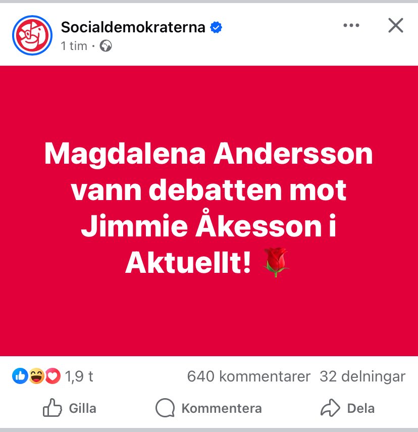 Så här ska gammal hederlig partikommunikation i sociala medier se ut. Tydlig avsändare, rakt budskap, meningslöst innehåll.