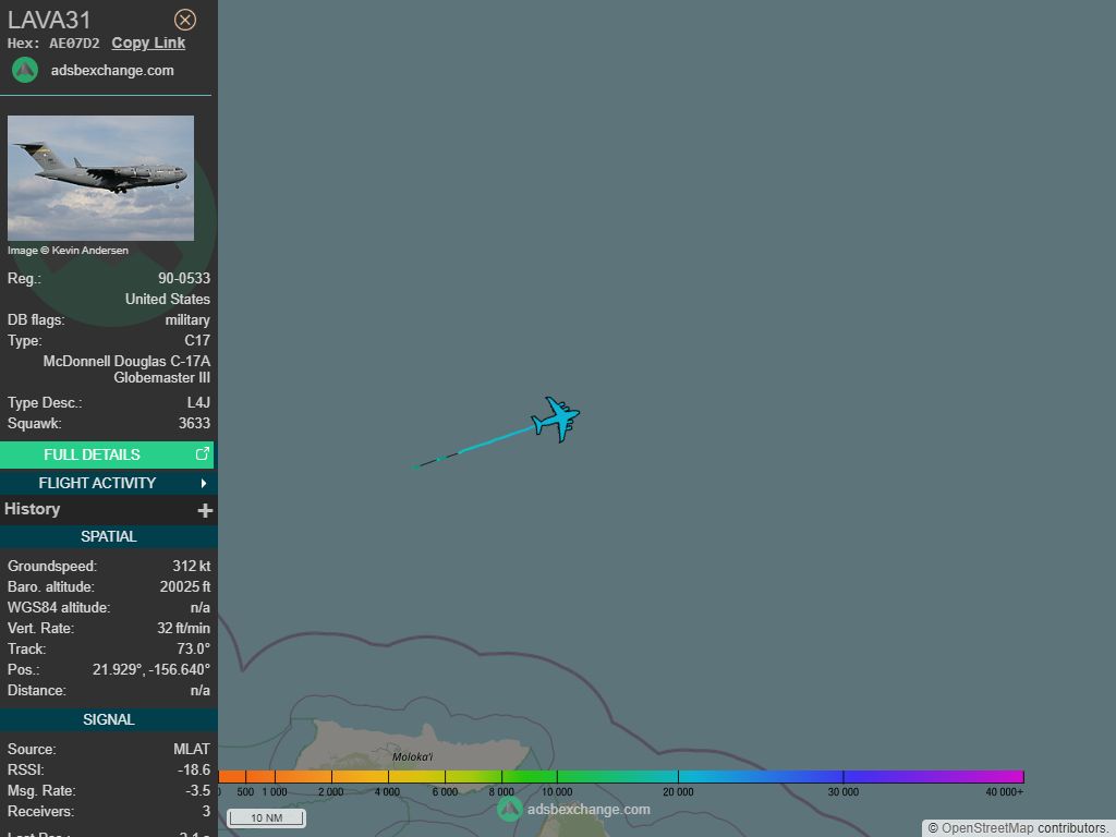 IntelskyB's tweet image. 🇺🇸 ✈️ United States Air Force - McDonnell Douglas C-17A Globemaster III (AE07D2, 90-0533) LAVA31 was spotted over North Pacific Ocean.
🔴 Live tracking:
1-global.adsbexchange.com/?icao=AE07D2
2-flightradar24.com/AE07D2
3-airnavradar.com/mode-s/AE07D2
#OSINT #SIGINT #ADSB