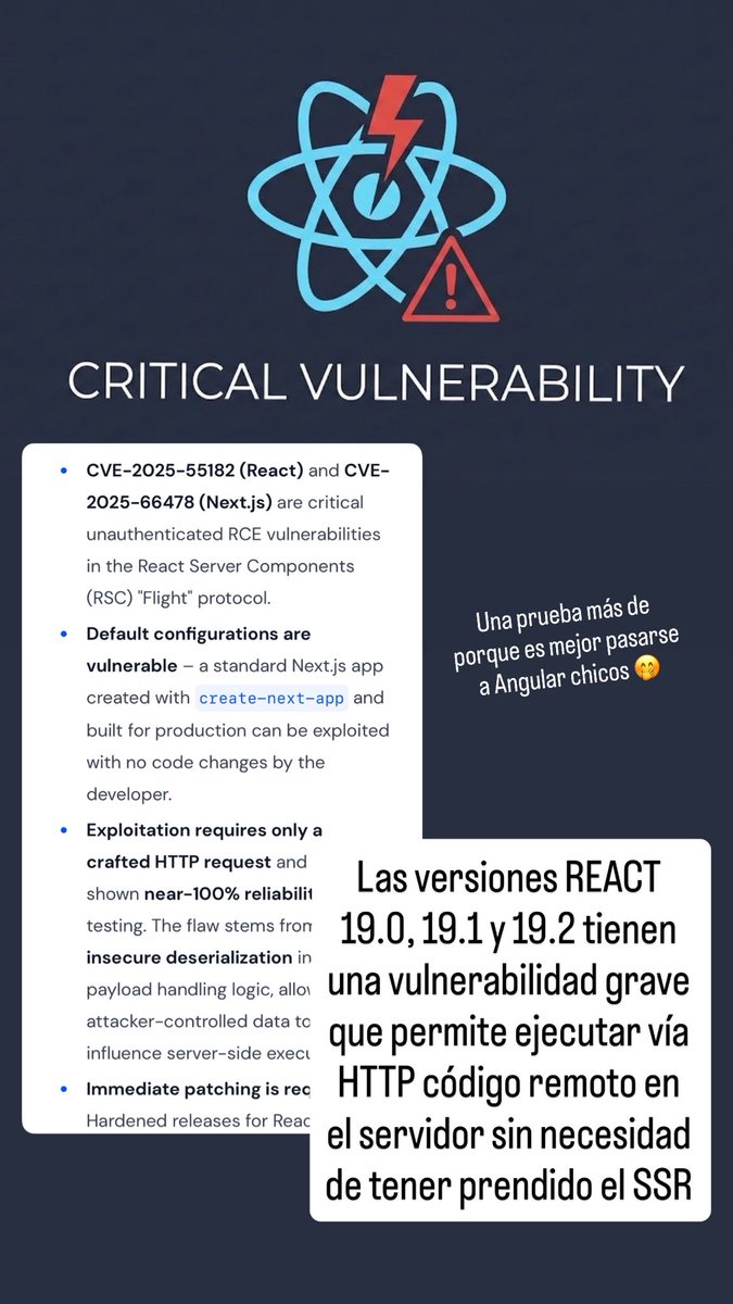 sergiecode's tweet image. Tremendo golpe para React 19.x: una vulnerabilidad RCE que permite ejecutar código remoto en tu server con un simple request y sin SSR. Sí, leíste bien. Apps creadas con configs por defecto quedan expuestas de fábrica. Si tu backend depende de RSC, estás jugando a la ruleta rusa.…