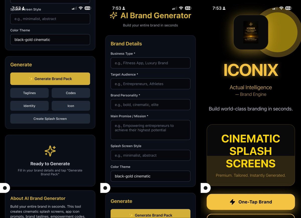 jmb9299's tweet image. @anything Built my first app with Anything Max → ICONIX
A cinematic brand engine in your pocket.

Taglines. Splash screens. Icons. Origin stories.
One tap → full brand.

Anything Max is the future.

#AnythingMax #Hackathon #AIBuilder #Startups