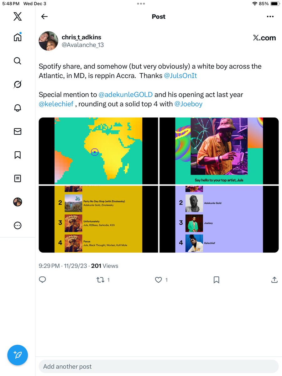 Avalanche_13's tweet photo. Another year with the soundtrack of my life provided by @julsonit (not sure what happened to 2024).  Thankful for @wizkidayo @iamodeal @MaleekBerry and @Lojaymusic for bringing me joy and serenity as well 🫡 https://t.co/VbDB0cUkpb