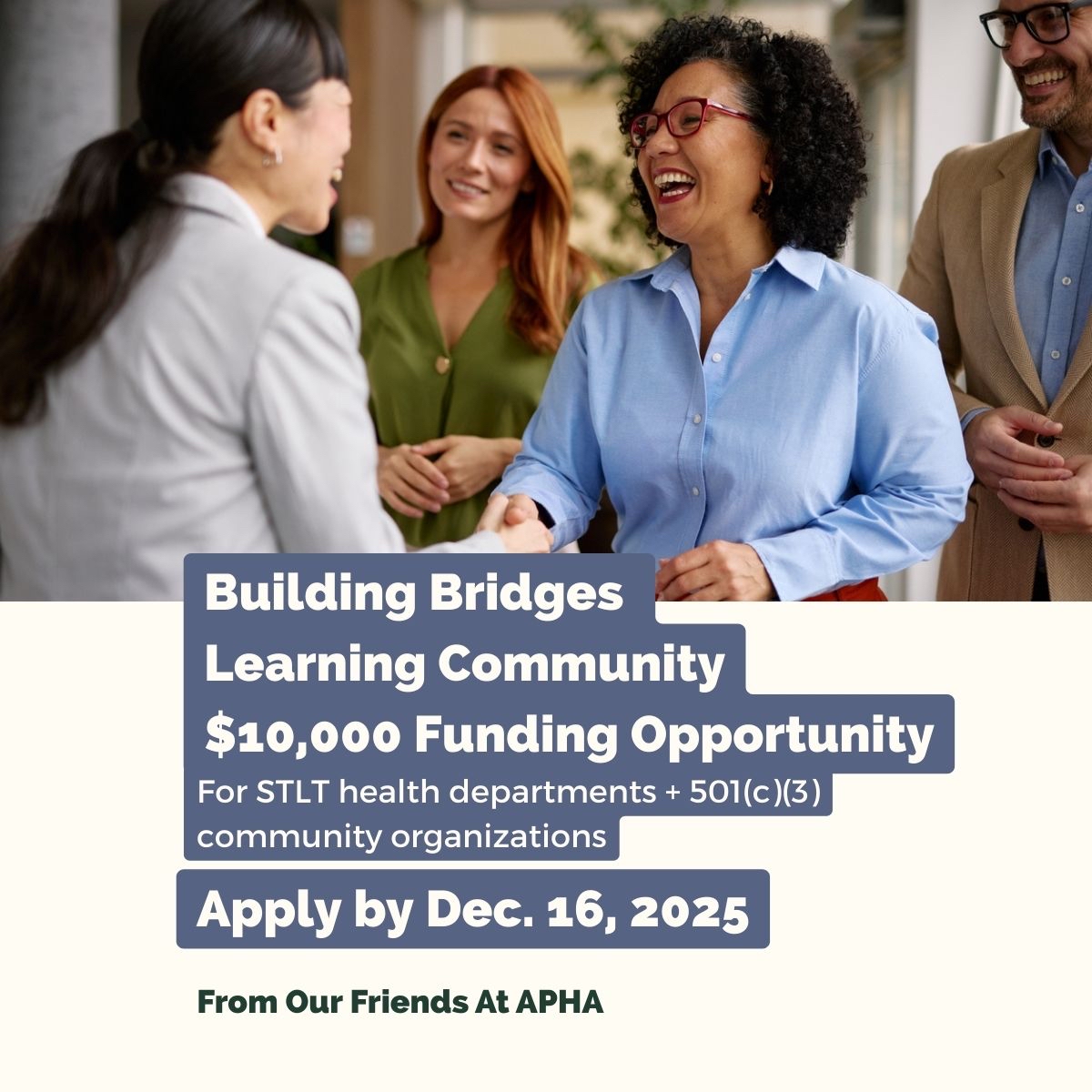 New funding opportunity!
@Publichealth’s Building Bridges Learning Community offers $10,000 + 7 months of support for STLT health departments + 501(c)(3) community organizations strengthening partnerships &amp; trust. Apply by Dec. 16 ➡️ linktr.ee/asphn #CommunityHealth