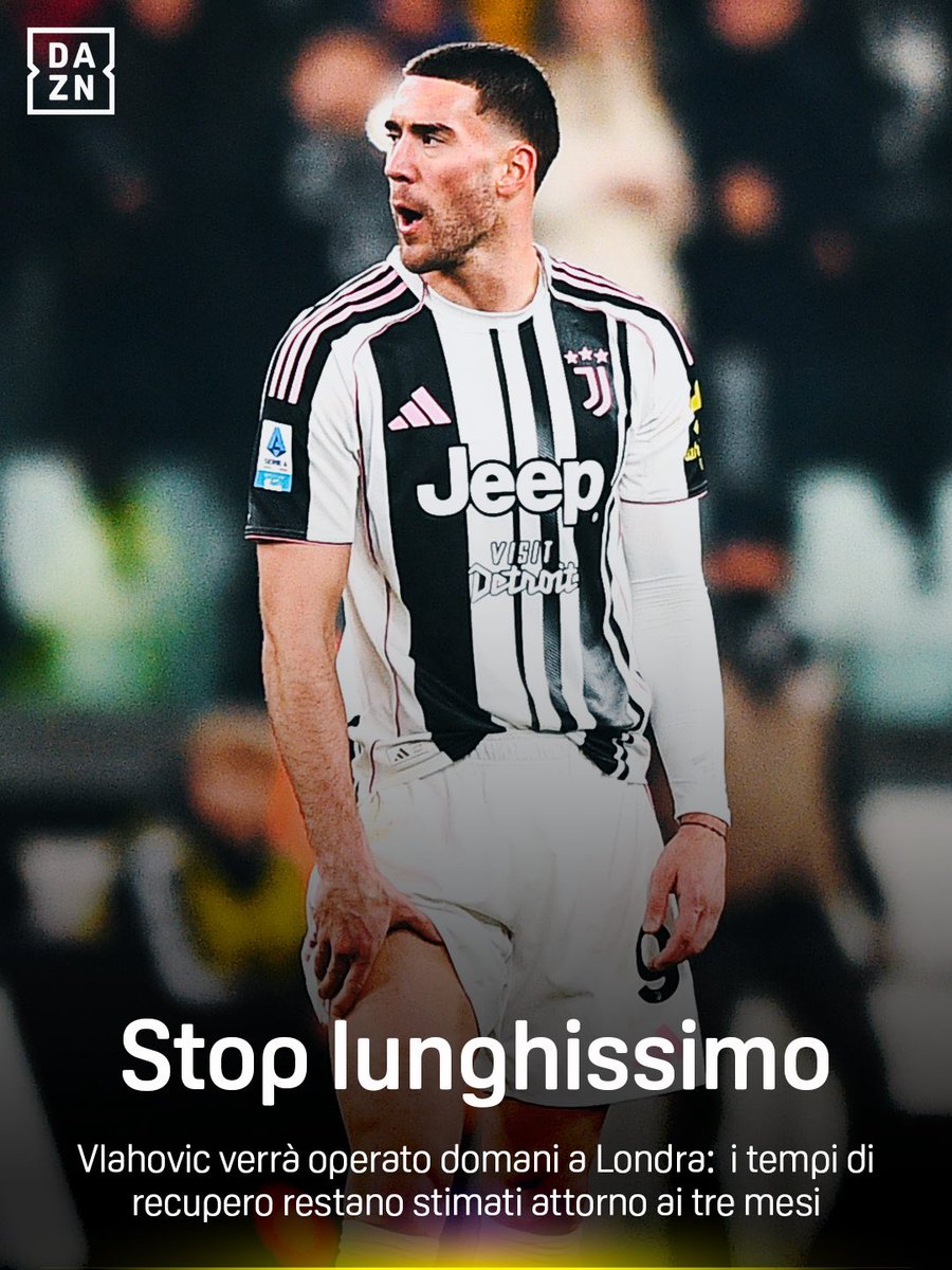 DAZN_IT's tweet image. Stop lunghissimo ❌
Vlahovic si opera domani a Londra: rientro in campo previsto per marzo 🥅 

#Vlahovic #DAZN