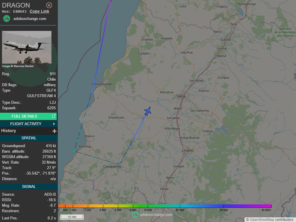 IntelskyB's tweet image. 🇨🇱 ✈️ Chile Air Force - GULFSTREAM 4 (E80643, 911) DRAGON was spotted over 🇨🇱 Provincia de Linares - Chile.
🔴 Live tracking:
1-global.adsbexchange.com/?icao=E80643
2-flightradar24.com/E80643
3-airnavradar.com/mode-s/E80643
#OSINT #SIGINT #ADSB