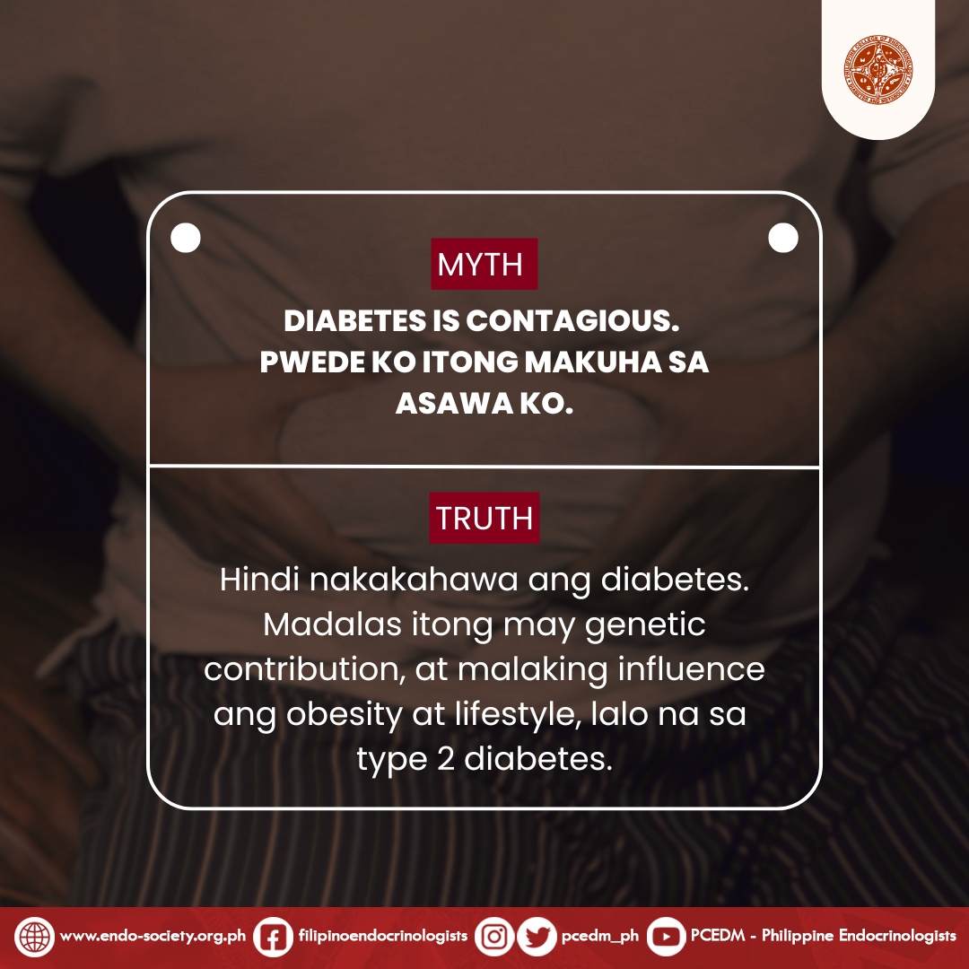Ang genetics, obesity, at lifestyle ay may malaking role sa pagkakaroon ng diabetes.

Read to learn more about the myths and truths about diabetes:
drive.google.com/file/d/1Ry8rh6…

#DiabetesAwareness
#PCEDM