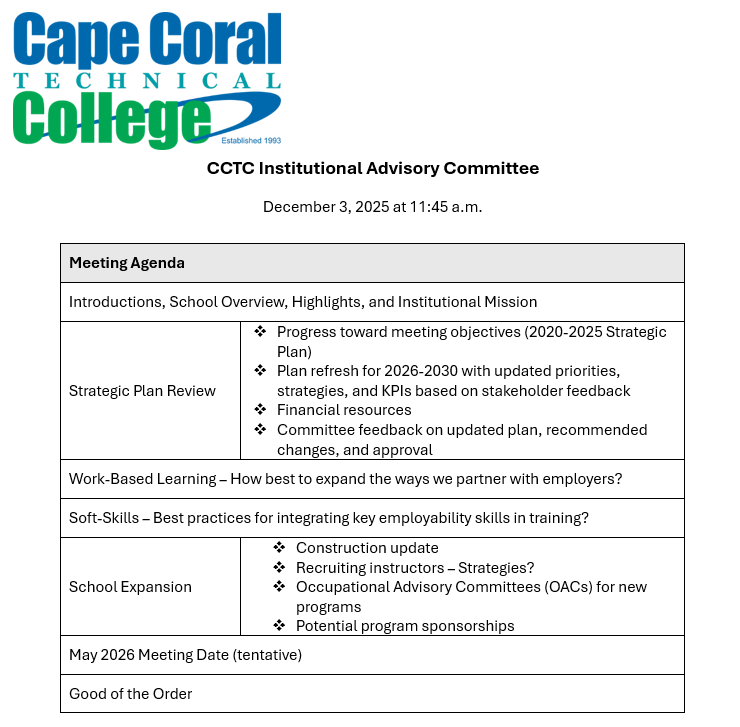 capecoraltech's tweet image. Thank you to our business partners and community stakeholders for joining us for today's advisory committee meeting. We appreciate your input and partnership. #ContinuousImprovement
