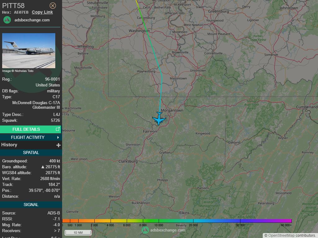 IntelskyB's tweet image. 🇺🇸 ✈️ United States Air Force - McDonnell Douglas C-17A Globemaster III (AE07EB, 96-0001) PITT58 was spotted over 🇺🇸 Monongalia County - United States.
🔴 Live tracking:
1-global.adsbexchange.com/?icao=AE07EB
2-flightradar24.com/AE07EB
3-airnavradar.com/mode-s/AE07EB
#OSINT #SIGINT #ADSB