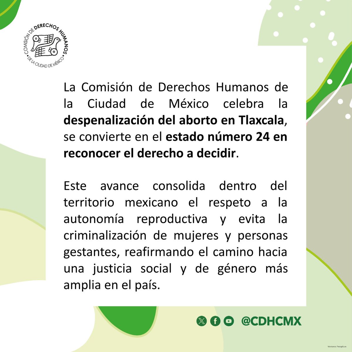 #CDHCM celebra la despenalización del aborto en Tlaxcala, un avance sustancial en los derechos humanos #DDHH de las mujeres y personas gestantes 💚