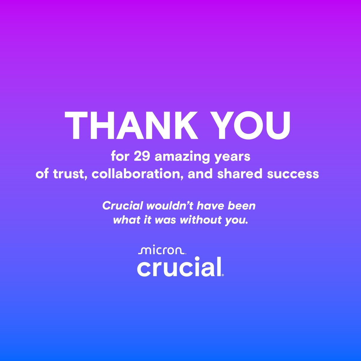 CrucialMemory's tweet image. Today, Micron shared some news that comes with a heavy heart: we’ve made the difficult decision to wind down the Crucial consumer business. This means that sales of Crucial-branded products through retailers, e-tailers, and distributors worldwide will gradually come to an end.…
