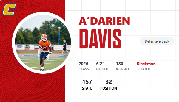 CSmithScout's tweet image. New #Chattanooga Safety ....@ADarien11Davis 

- Tall, long &amp;amp; rangy; Good Ath that closes fast
- Violent hitter; Plays well in run support
- Versatile; Can cover TE's, work in space 

#Blaze  #MidTN26 

#CSS/#MTWP Family ......#PRZTN 

x.com/GoMocsFB/statu…