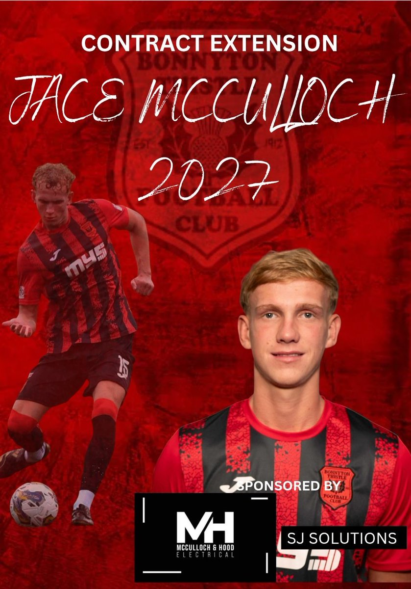 Bonnyton1912's tweet photo. We are delighted to announce that Jace McCulloch has extended his contract with the club, keeping him at Townholm for the 26/27 season⚽️

We would also like to thank McCulloch &amp; Hood Electrical &amp; SJ Solutions for sponsoring Jace this season!

#uptheton 🔴⚫️ https://t.co/IkvdfjBVFA