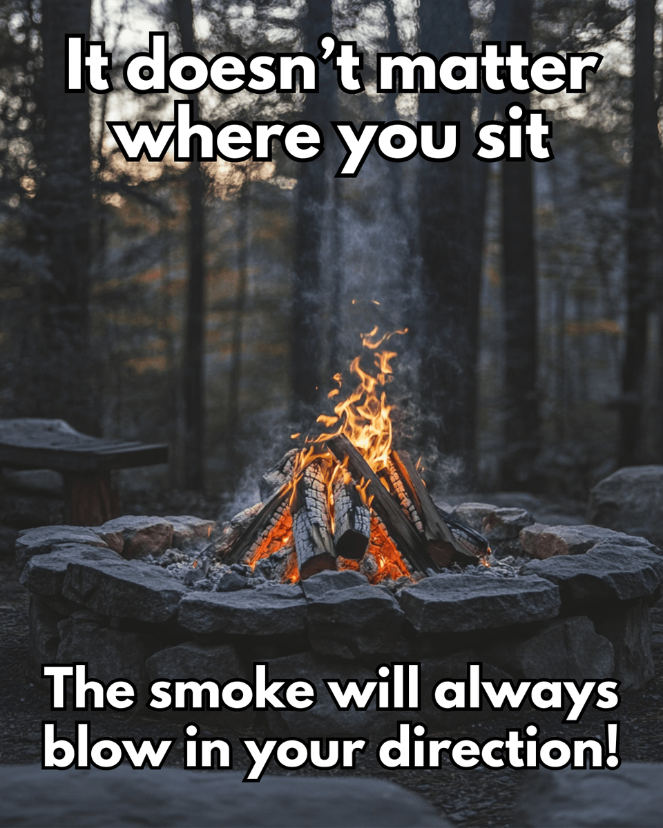 CamperFaqs's tweet image. When you block airflow near a campfire, it creates a low-pressure zone that pulls smoke toward you. To avoid this, sit evenly around the fire to keep the smoke from following you. #CampfireTips