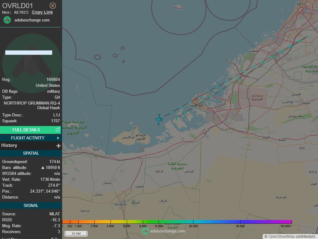 IntelskyB's tweet image. 🇺🇸 ✈️ United States Air Force - NORTHROP GRUMMAN RQ-4 Global Hawk (AE7815, 169804) OVRLD01 was spotted over 🇦🇪 Abu Dhabi - United Arab Emirates.
🔴 Live tracking:
1-global.adsbexchange.com/?icao=AE7815
2-flightradar24.com/AE7815
3-airnavradar.com/mode-s/AE7815
#OSINT #SIGINT #ADSB