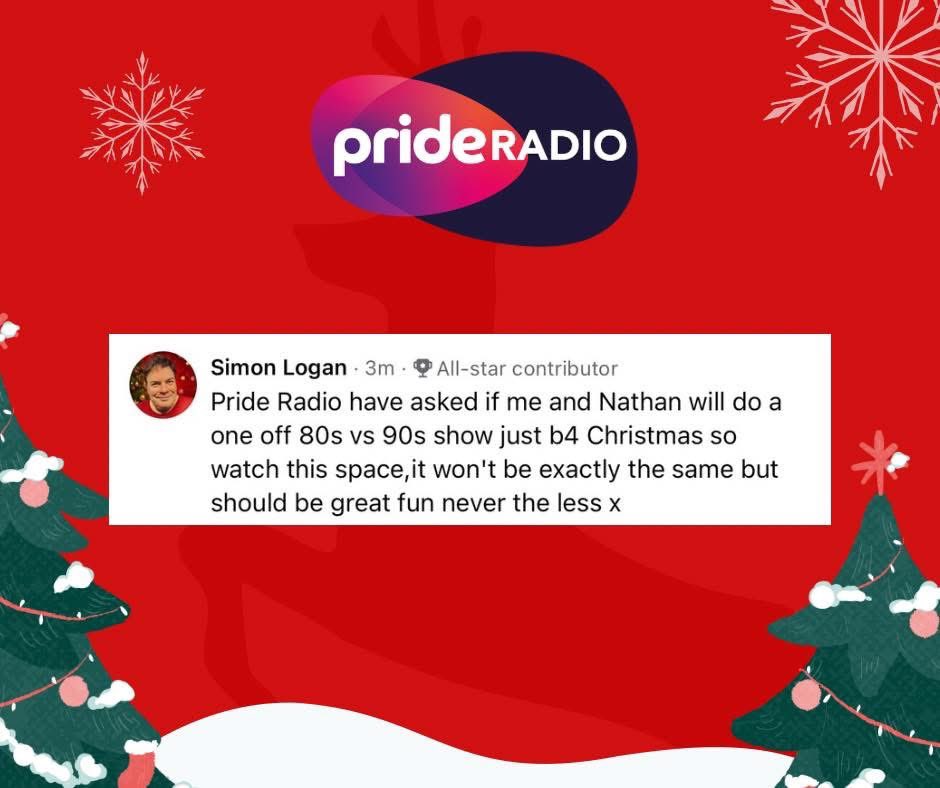 Simons80s90s's tweet photo. Simon Logan and Nathan back on the radio this Christmas! Details to be announced. 🥳🎄
@myprideradio #PrideRadio #Christmas 80s vs 90s https://t.co/otp2fM51QQ